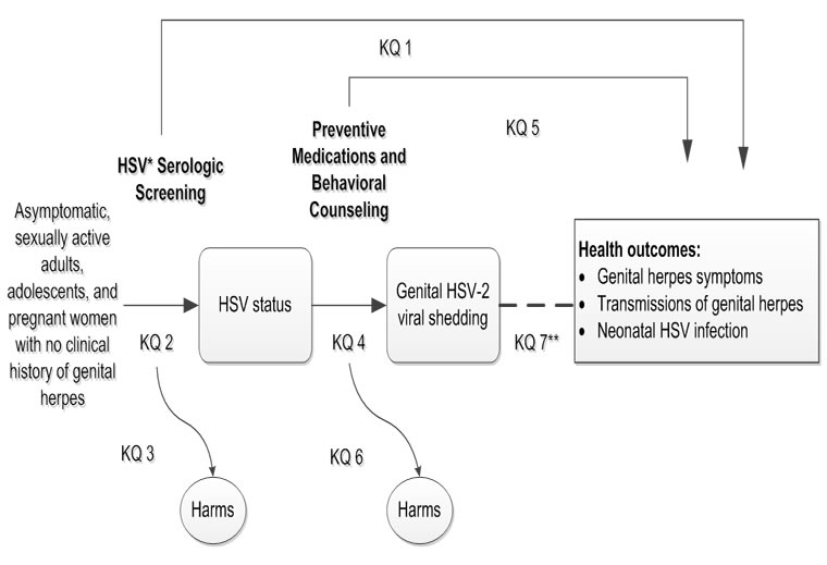 The figure is an analytic framework that depicts the seven key questions described in the research plan. In general, it illustrates the overarching questions of whether serologic screening in asymptomatic sexually active adults, adolescents, and pregnant women with no clinical history of genital herpes leads to improved health outcomes or potential harms. It also illustrates the intermediate steps and key questions about the accuracy of serologic screening tests for early detection of genital herpes. Finally, it illustrates whether treatment of genital herpes leads to improved health outcomes or potential harms.