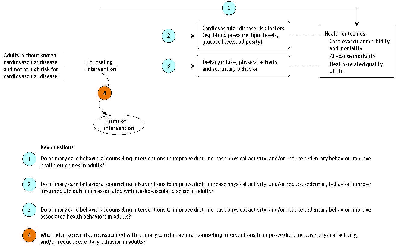 Figure 1 is the analytic framework that depicts the four Key Questions to be addressed in the systematic review. The figure illustrates how behavioral counseling to improve diet, increase physical activity, and reduce sedentary behavior may result in improved health outcomes including cardiovascular morbidity and mortality, all-cause mortality, and health-related quality of life (KQ1). Additionally, the figure illustrates how counseling to promote a healthful diet, increased physical activity, and reduced sedentary time may have an impact on intermediate (KQ2) and behavioral outcomes (KQ3). Further, the figure depicts whether counseling to promote a healthful diet, increased physical activity, and reduced sedentary time are associated with any adverse events (KQ4).
