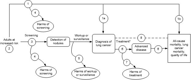 Moving from left to right, this figure depicts the eight key questions (KQs) and research approach that will guide the evidence review described in this research plan. The figure illustrates the overarching question, KQ 1: how does screening for lung cancer with low-dose computed tomography (LDCT) change the incidence of lung cancer and distribution of lung cancer types and stages, and what are the harms associated with screening (KQ 4)? On the left, the population of interest is specified as adults at increased risk of lung cancer. Beneath the population of interest, KQ 2 posits: does the use of risk prediction models for identifying adults at higher risk of lung cancer mortality improve the balance of benefits and harms of screening compared with trial eligibility criteria? The figure then depicts the pathway from screening to the detection of nodules, asking: What is the accuracy of LDCT screening for lung cancer (KQ 3) and what are the associated harms of screening (KQ 4)? Following the detection of nodules, the figure addresses the pathway of workup or surveillance to diagnosis of lung cancer, asking: what are the harms associated with workup or surveillance of nodules (KQ 5)? Following diagnosis of lung cancer, the figure outlines the pathway of treatment to advanced disease, and then to health outcomes of interest, asking: how effective is surgical resection for the treatment of early (stage I) non-small cell lung cancer (KQ 6), and what are the associated harms of treatment (KQ 7)? Alongside the aforementioned pathway, the figure follows the pathway from diagnosis of lung cancer to health outcomes, asking: what is the magnitude of change in all-cause mortality that results from a specified change in lung cancer incidence and change in distribution of lung cancer stages after screening (KQ 8)?