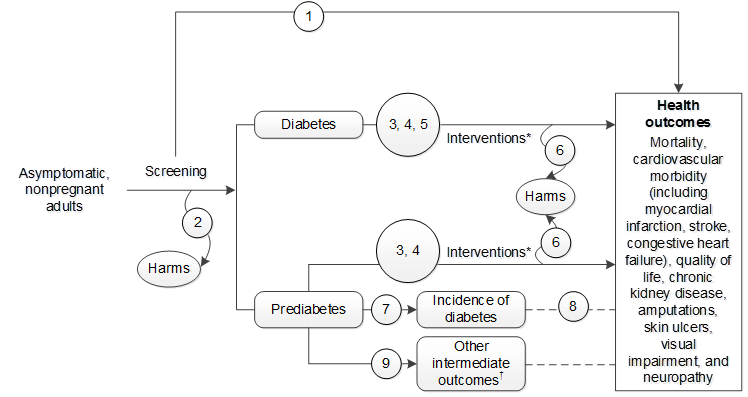 Figure 1 depicts the key questions within the context of the eligible populations, screenings/interventions, comparisons, outcomes, and settings. On the left, the population of interest is nonpregnant adults without symptoms or a diagnosis of diabetes. Moving from left to right, the figure illustrates the overarching question: Is there direct evidence that screening for type 2 diabetes and prediabetes in asymptomatic adults improves health outcomes (KQ1)? Screening may result in harms (KQ2). After diagnosis of type 2 diabetes or prediabetes, the figure illustrates the following questions: Do interventions provide an incremental benefit in health outcomes when delivered at the time of detection compared with initiating interventions later, after clinical diagnosis (KQ3), and do interventions improve health outcomes compared with no intervention, usual care, or an intervention with different treatment targets (KQ4)? For recently diagnosed type 2 diabetes, the figure illustrates the question: Do interventions improve health outcomes compared with no intervention, usual care, or an intervention with different treatment targets (KQ5)? Interventions may result in harms (KQ6). For prediabetes, the figure depicts the questions: Do interventions delay or prevent progression to type 2 diabetes (KQ7), and what is the magnitude of change in health outcomes that results from a specified change in type 2 diabetes incidence after intervention (KQ8)? The figure also depicts the question: Do interventions for prediabetes improve other intermediate outcomes (blood pressure, lipid levels, BMI, weight, and calculated 10-year cardiovascular disease risk) (KQ9)?