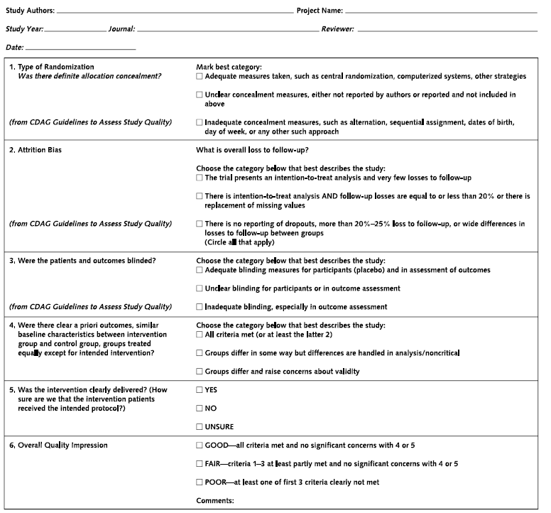Appendix Figure 3 is a a blank form that was used to determine study quality for the studies included in this evidence summary.