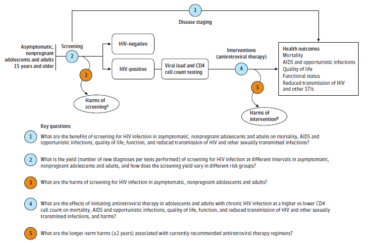 The analytic framework depicts the relationship between the population, intervention, outcomes, and harms of screening for HIV. The far left of the framework describes the target population for screening as asymptomatic, nonpregnant adolescents and adults age 15 years and older. To the right of the population is an arrow corresponding to key question 2, which represents screening. This arrow leads to both HIV-positive and HIV-negative populations, and an arrow assessing potential harms of screening corresponds to key question 3. From the HIV-positive population, an arrow leads to disease staging with viral load and CD4 count testing followed by intervention with antiretroviral therapy (key question 4), which assesses clinical outcomes of mortality, AIDs and opportunistic infections, quality of life, functional status, and reduced transmission of HIV and other sexually transmitted infections. An arrow assessing potential harms of treatment stems from the interventions, which corresponds to key question 5. An overarching arrow for key question 1 goes directly from screening to clinical outcomes.