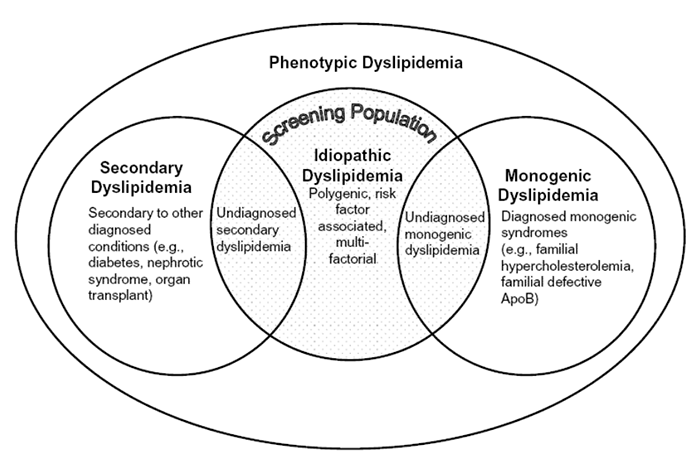 A large oval labeled 'Phenotypic Dyslipidemia' contains three slightly overlapping circles.  The central circle is shaded gray and is labeled 'Screening Population. Idiopathic Dyslipidemia: Polygenic, risk factor associated, multifactorial.' The circle to the left is labeled 'Secondary Dyslipidemia: Secondary to other diagnosed conditions (e.g., diabetes, nephrotic syndrome, organ transplant).' The section where these two circles overlap is labeled 'Undiagnosed secondary dyslipidemia.' The circle to the right is labeled 'Monogenic Dyslipidemia: Diagnosed monogenic syndromes (e.g., familial hypercholesterolemia, familial defective ApoB).' The section where this circle overlaps the central circle is labeled 'Undiagnosed monogenic dyslipidemia.