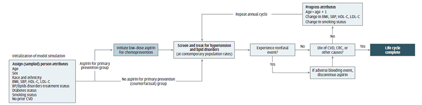 Figure is a flow chart of a decision analysis design for a model simulation for aspirin for primary prevention of hypertension and lipid disorders. 