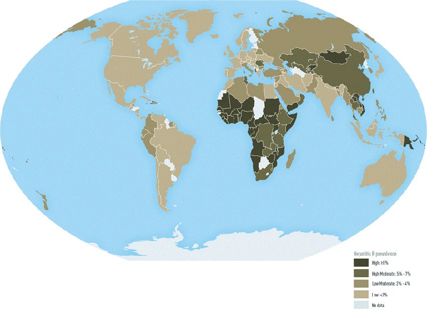 Map of the world showing prevalence of HBV infection by scale from reference 33. Based on prevalence data through 2013.