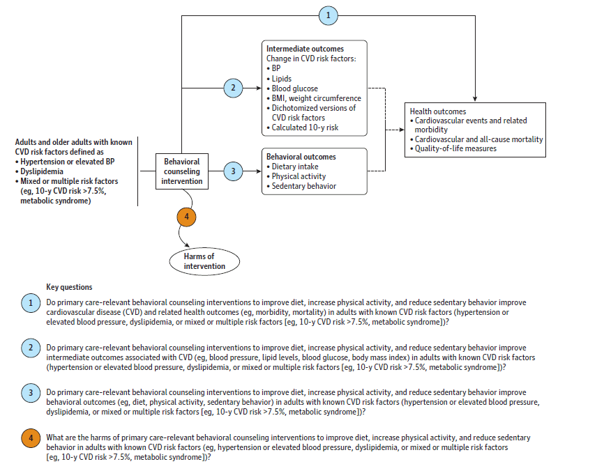 Figure 1 is the proposed analytic framework that depicts the four Key Questions (KQs) to be addressed in the systematic review. The figure illustrates how behavioral counseling interventions for healthy diet and/or physical activity may improve cardiovascular disease (CVD) health outcomes (KQ1) in adults (aged ≥18 years) with known CVD risk factors. The figure also depicts how these interventions may influence intermediate health outcomes associated with CVD (KQ2) or associated health behaviors (KQ3). In addition, the figure depicts whether these interventions have any potential harms (KQ4).