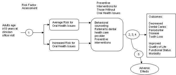 The analytic framework depicts the relationship between the population, preventive interventions, outcomes, and potential harms of interventions to prevent oral health issues. The far left of the framework describes the target population as adults age 18 years and older at a clinician office visit. To the right of the population is an arrow corresponding to key question 1, which represents accuracy of risk factor assessment. This arrow leads to those at average or increased risk for oral health issues. Arrows show that adults at either risk level would receive preventive interventions, as they are intended for those with without oral health issues. Key questions 2, 3, and 4 examine the effectiveness of behavioral counseling, referral to a dental health care provider, and preventive interventions, respectively, with the aim of decreasing dental caries, periodontal disease, and tooth loss and improving quality of life, functional status, and morbidity. Preventive interventions may lead to harms, which corresponds to an arrow for key question 5.
