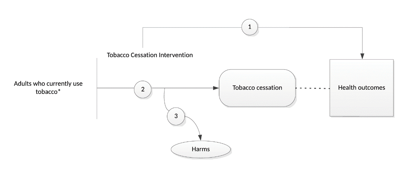 Figure 1 is an analytic framework that depicts the three Key Questions (KQs) to be addressed in the systematic review. Specifically, it illustrates the following questions: whether tobacco cessation interventions in adults, including pregnant adults, lead to improved health outcomes (KQ1); whether tobacco cessation interventions in adults, including pregnant adults, lead to increased abstinence from tobacco (KQ2); and whether there are harms associated with tobacco cessation interventions in adults, including pregnant adults (KQ3).