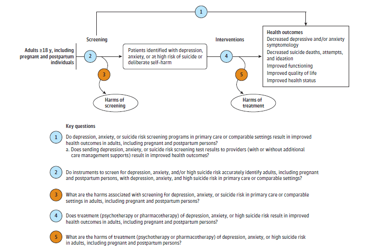 Figure 1 is the analytic framework that depicts the five Key Questions to be addressed in the systematic review. The figure illustrates how primary care screening and treatment for depression, anxiety, or suicide risk in adults age 19 years or older, including pregnant and postpartum individuals, may result in improved health outcomes (decreased depressive and/or anxiety symptomology, decreased suicide deaths, self-harm and ideation, improved functioning, improved quality of life, improved health status, and improved maternal/infant outcomes) (Key Questions 1 and 4). There is also a question related to the accuracy of screening instruments used to detect depression, anxiety, or suicide risk (Key Question 2). Lastly, the figure illustrates what harms may be associated with screening for or treatment of depression, anxiety, or suicide risk in adults age 19 years or older, including pregnant and postpartum individuals (Key Questions 3 and 5).