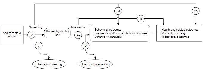 Figure 1 is the analytic framework that depicts the five Key Questions (KQ) to be addressed in the systematic review. The figure illustrates how screening for unhealthy alcohol use, followed by behavioral counseling interventions, may result in a reduction of alcohol use, other risky behaviors, and morbidity/morality, as well as improve social and legal outcomes (KQ1). Additionally, the figure illustrates the relationship between screening instruments (including evaluation of their accuracy [KQ2]) and potential harms of screening procedures (KQ3). The figure also shows Key Question 4 that examines how receipt of behavioral counseling interventions may lead to changes in behavioral (e.g., alcohol use) and health outcomes (e.g., morbidity/mortality). Finally, the figure depicts whether behavioral counseling interventions are associated with any harms (KQ5).  