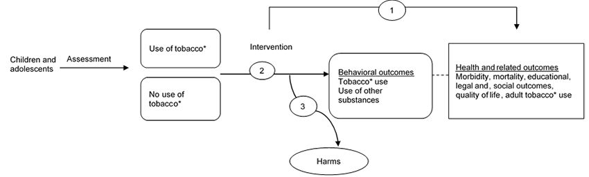 Figure 1 is an analytic framework that depicts the pathway children and adolescents may go through to prevent and/or stop tobacco and/or nicotine use. Children and adolescents are assessed for tobacco and/or nicotine use, may undergo prevention and/or cessation interventions that may lead to prevention, reduced use, or cessation of tobacco or nicotine products, or other substance. Additional outcomes include morbidity, mortality, educational, legal and social outcomes, quality of life, and adult tobacco or nicotine use. Interventions may also lead to harms. 