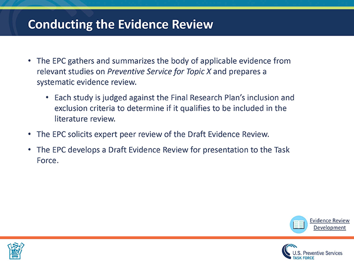 Slide 17. Conducting the Evidence Review. The EPC gathers and summarizes the body of applicable evidence from relevant studies on Preventive Service for Topic X and prepares a systematic evidence review.  Each study is judged against the Final Research Plan’s inclusion and exclusion criteria to determine if it qualifies to be included in the literature review. The EPC solicits expert peer review of the Draft Evidence Review. The EPC develops a Draft Evidence Review for presentation to the Task Force. 