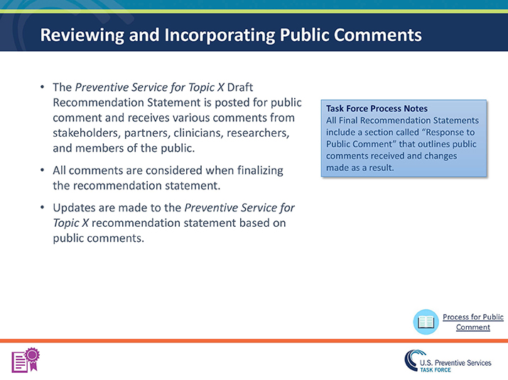 Slide 16. Reviewing and Incorporating Public Comments. The Preventive Service for Topic X Draft Recommendation Statement is posted for public comment and receives various comments from stakeholders, partners, clinicians, researchers, and members of the public. All comments are considered when finalizing the recommendation statement.  Updates are made to the Preventive Service for Topic X recommendation statement based on public comments. Blue Box: Task Force Process Notes  All Final Recommendation Statements include a section called “Response to Public Comment” that outlines public comments received and changes made as a result. 