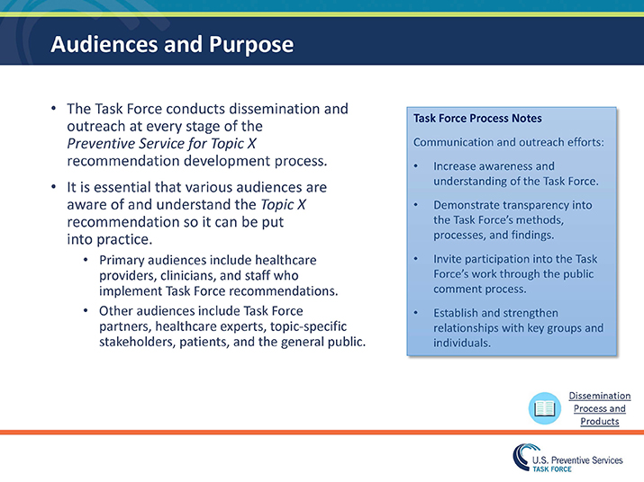 Slide 30. Audiences and Purpose. The Task Force conducts dissemination and outreach at every stage of the Preventive Service for Topic X recommendation development process.  It is essential that various audiences are aware of and understand the Topic X recommendation so it can be put into practice. Primary audiences include healthcare providers, clinicians, and staff who implement Task Force recommendations.   Other audiences include Task Force partners, healthcare experts, topic-specific stakeholders, patients, and the general public. Blue Box: Task Force Process Notes  Communication and outreach efforts: Increase awareness and understanding of the Task Force. Demonstrate transparency into the Task Force’s methods, processes, and findings. Invite participation into the Task Force’s work through the public comment process. Establish and strengthen relationships with key groups and individuals. 